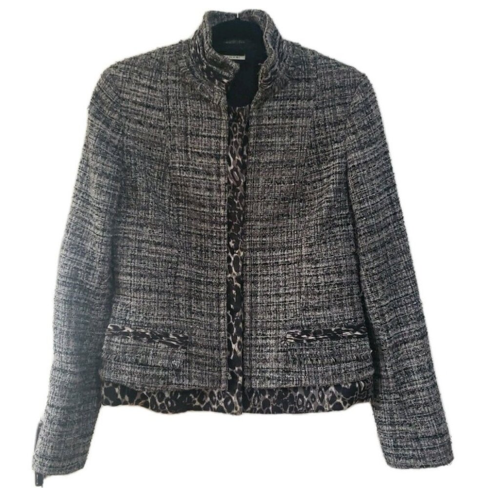 T Tahari Tweed Jacket Blazer Boucle Snap Button Front Gray Sz 8 Clueless Work